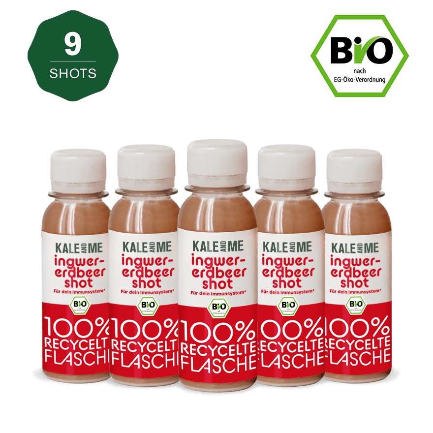 Bundle Bio Ingwer-Erdbeer Shot, 9 cold-pressed ginger-strawberry shots, vitamin C-rich, organic, no additives, 85ml bottles.