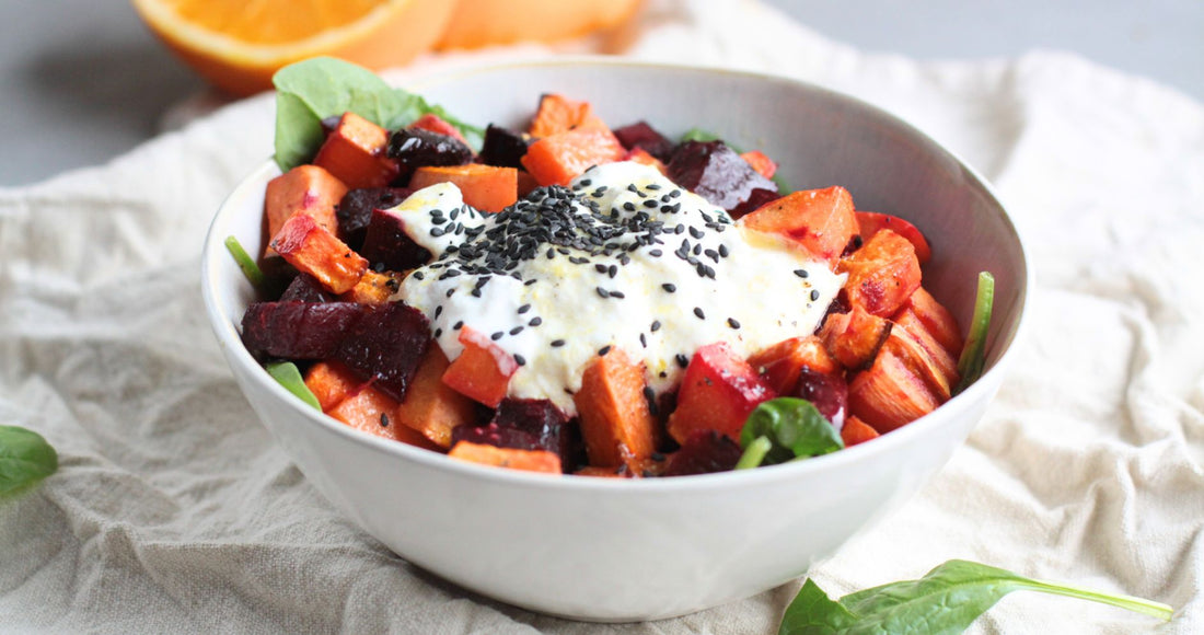 Warmer Salat mit ofengerösteter Roten Beete Süßkartoffel  
