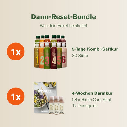 Eine 5-Tage Saftkur und eine 4-wöchiges Darmkur mit Guide und probiotischen Shots