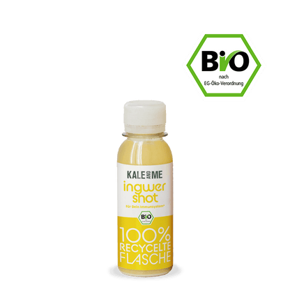 Bio Ingwer Shot in 85 ml bottle, immune system support, cold-pressed, no additives, DE-ÖKO-006 certified.