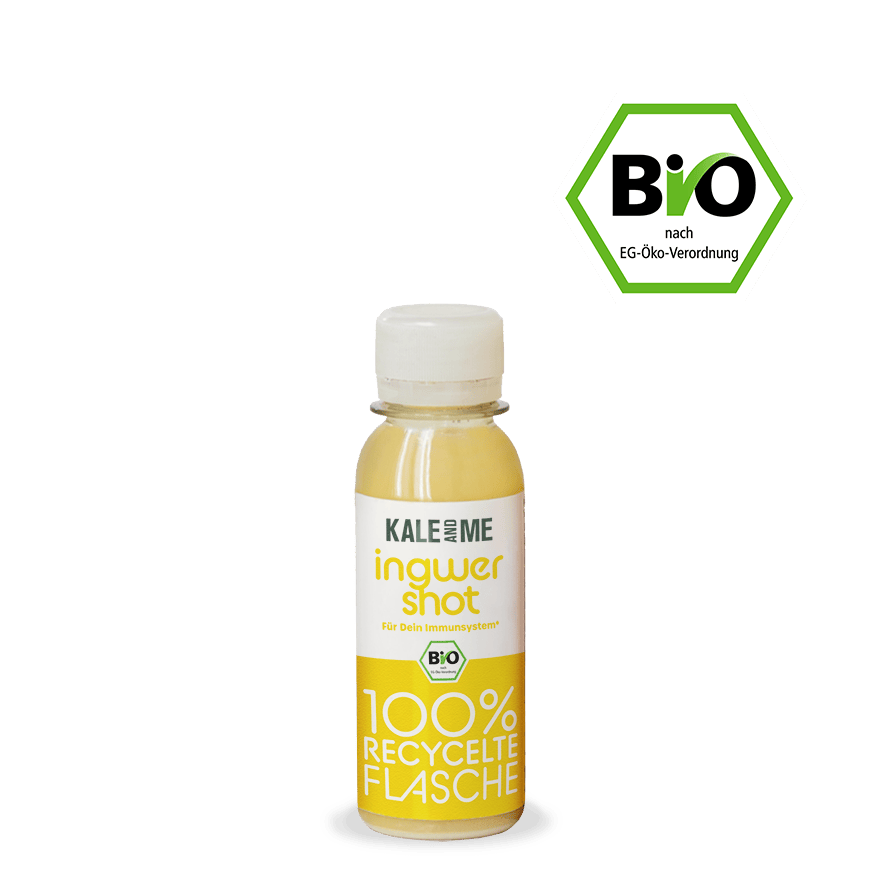 Bio Ingwer Shot in 85 ml bottle, immune system support, cold-pressed, no additives, DE-ÖKO-006 certified.