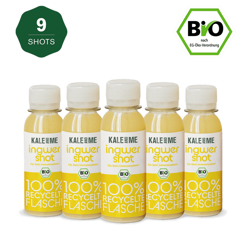 Bio Ingwer Shot Bundle, 9 cold-pressed organic ginger shots, supports immune system with Vitamin C, 85 ml each, no additives.