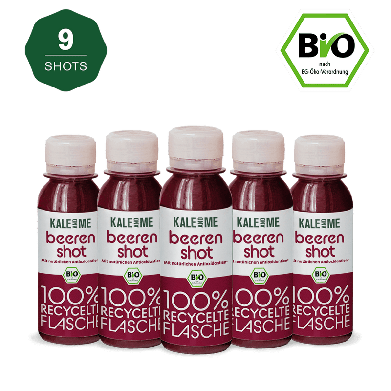 Bundle Bio Beeren Shot, 9 cold-pressed berry shots in 100% recycled bottles, rich in antioxidants and vitamin C.