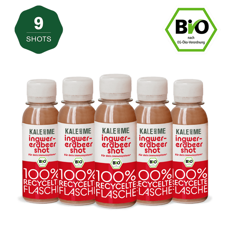 Bundle Bio Ingwer-Erdbeer Shot, 9 cold-pressed ginger-strawberry shots, vitamin C-rich, organic, no additives, 85ml bottles.