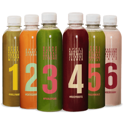 6 verschiedene Obst- und Gemüsesäfte