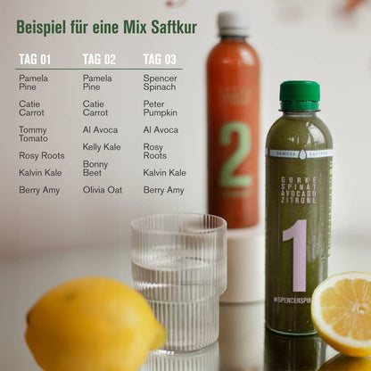 7-Tage Kombi Saftkur mit Mix aus Gemüse- und Obstsäften, Beispielsorten abgebildet.